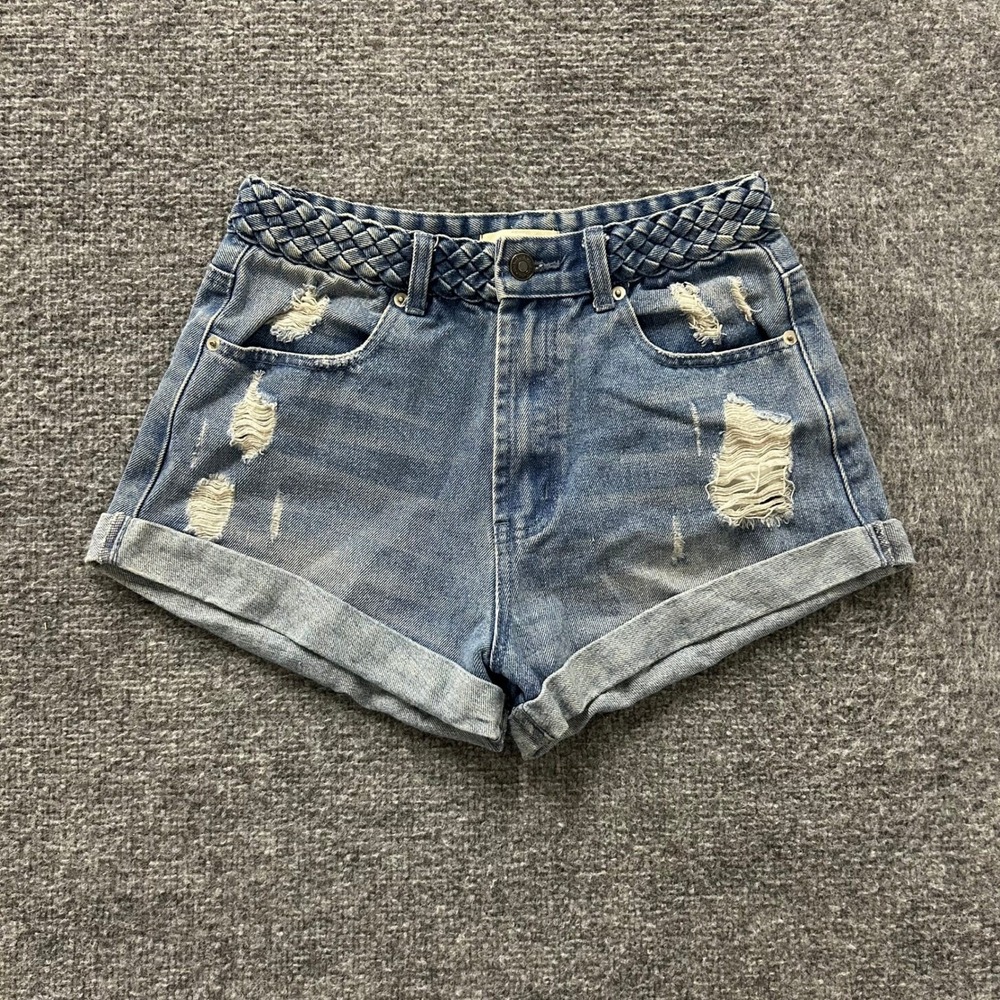 Honey Punch Shorts Womens Size M Blue Distressed Braided Waistband Cotton Denim